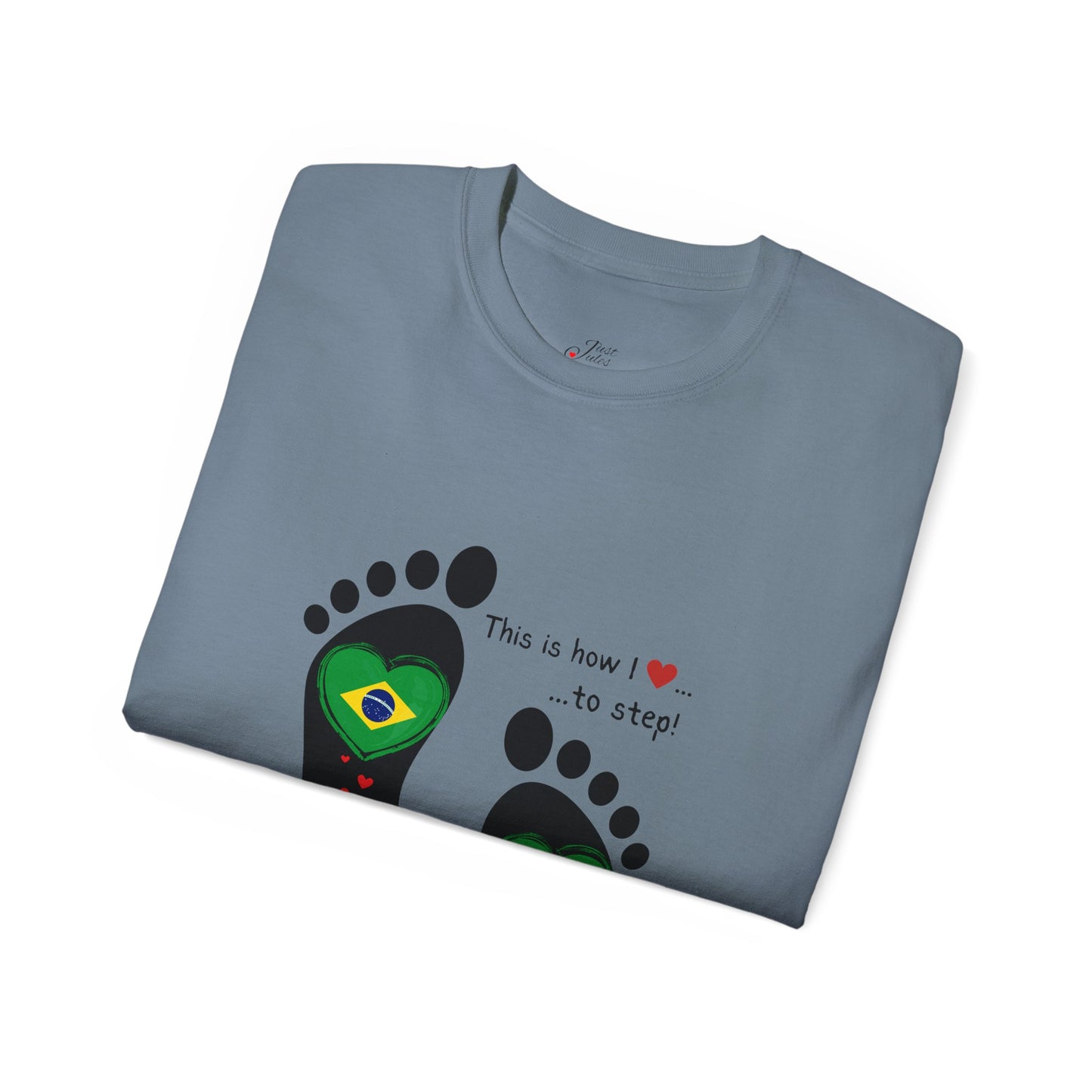 Front and Back Print Design - Brazil Heart-Shaped Flags in Footprints - Unisex Tee-Shirt Gift Idea