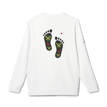 adidas® Unisex Fleece Crewneck Sweatshirt - LoveJustJules Heart-Shaped Flag of Jamaica in Footprints Top - A Fusion of Style, Patriotism, and adidas® Quality