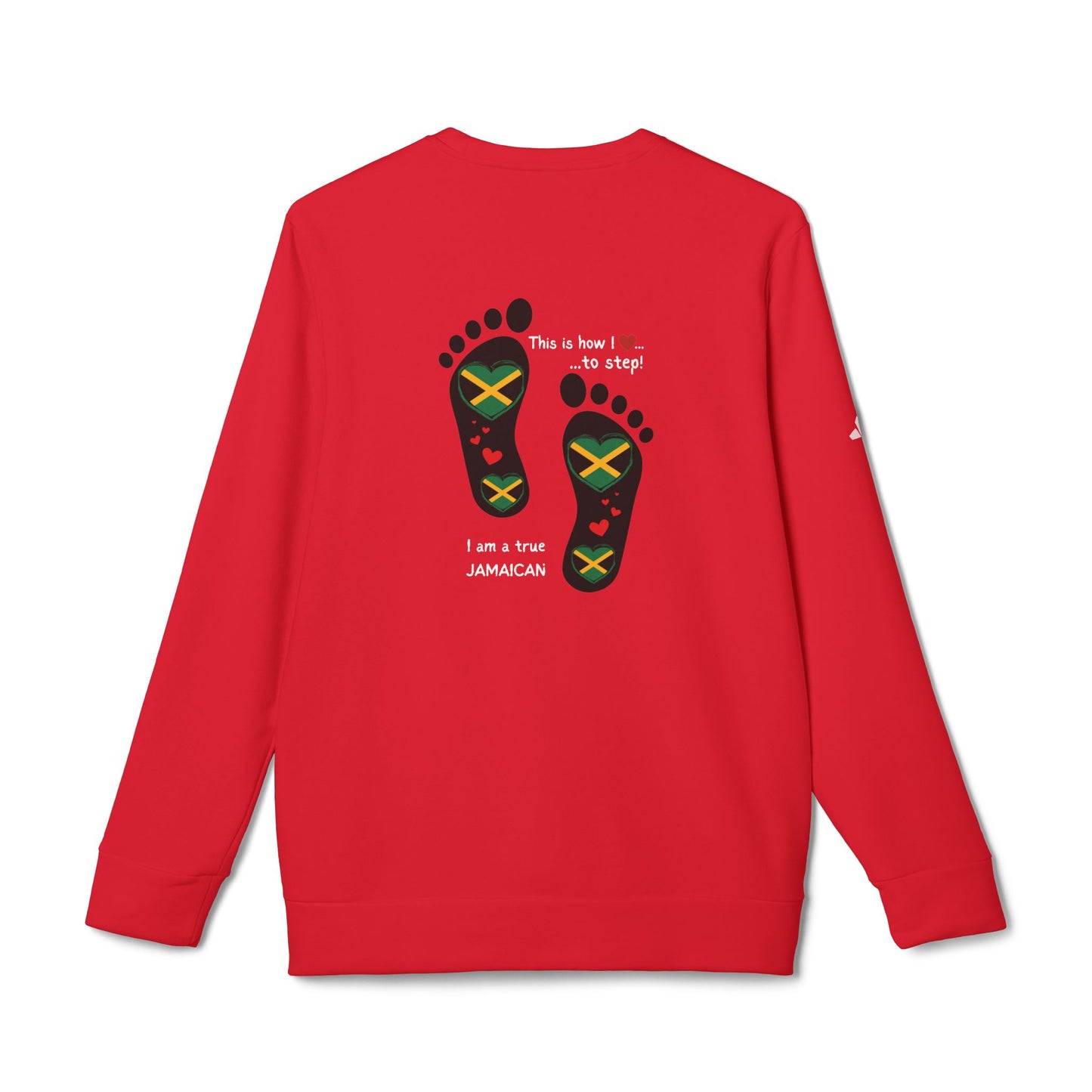 adidas® Unisex Fleece Crewneck Sweatshirt - LoveJustJules Heart-Shaped Flag of Jamaica in Footprints Top - A Fusion of Style, Patriotism, and adidas® Quality