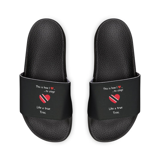 Men's Removable-Strap Sandals - Men's PU Slide Sandals - Step into the vibrant culture of Trinidad and Tobago with our Heart-shaped flag slider footwear from LoveJustJules!