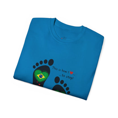 Front and Back Print Design - Brazil Heart-Shaped Flags in Footprints - Unisex Tee-Shirt Gift Idea