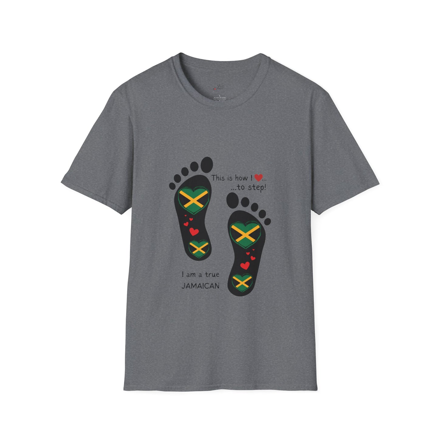 Heart-Shaped Jamaican Flag in Footsteps Unisex Softstyle Tee: Island Pride in Every Step! Jamaican Gift Idea. Love Jamaica. Heritage Pride.