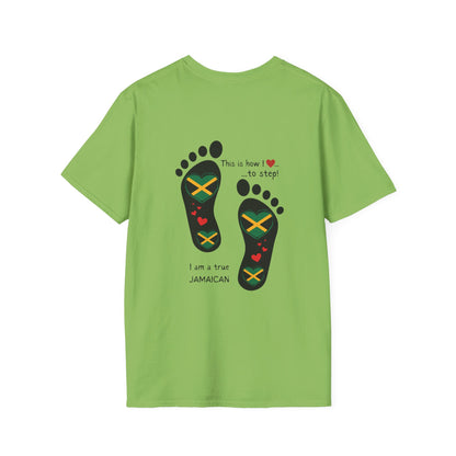 Heart-Shaped Jamaican Flag in Footsteps Unisex Softstyle Tee: Island Pride in Every Step! Jamaican Gift Idea. Love Jamaica. Heritage Pride.