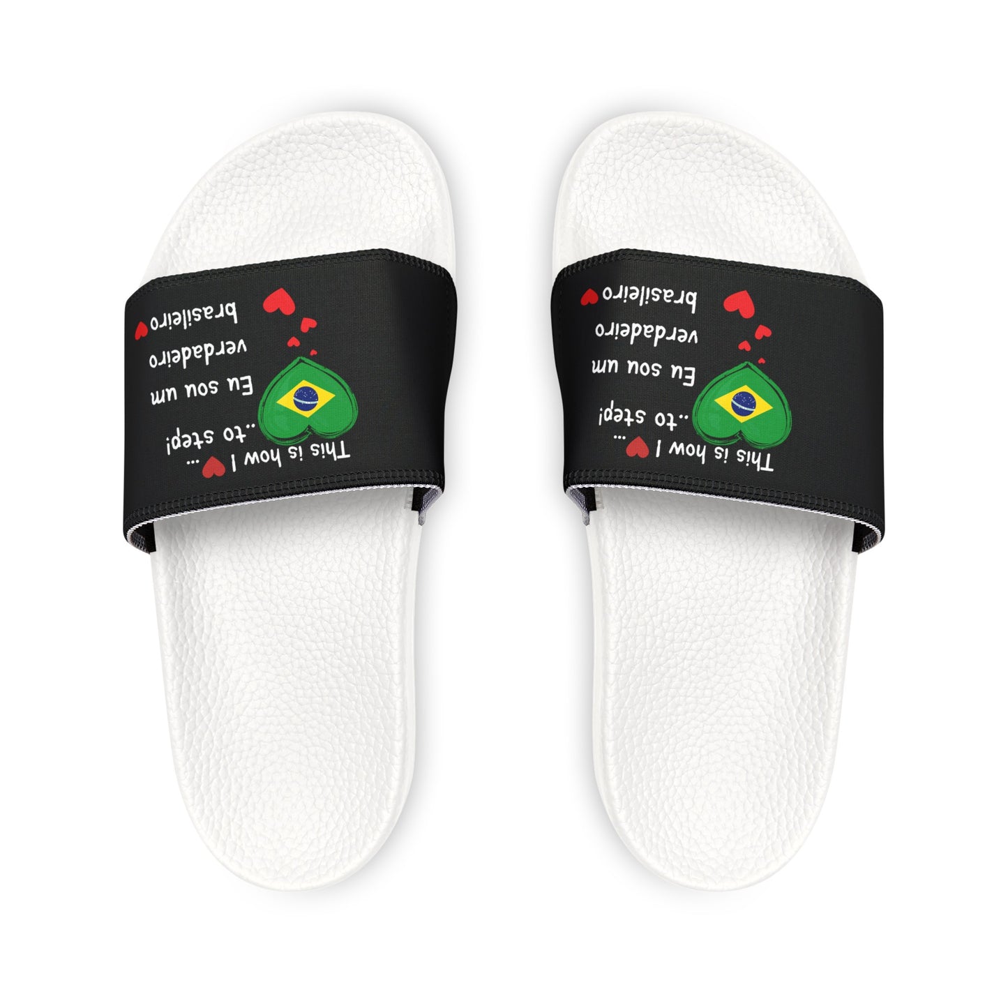 Men's PU Slide Sandals - Stride with pride in our Heart-shaped Brazilian flag slider footwear from LoveJustJules!