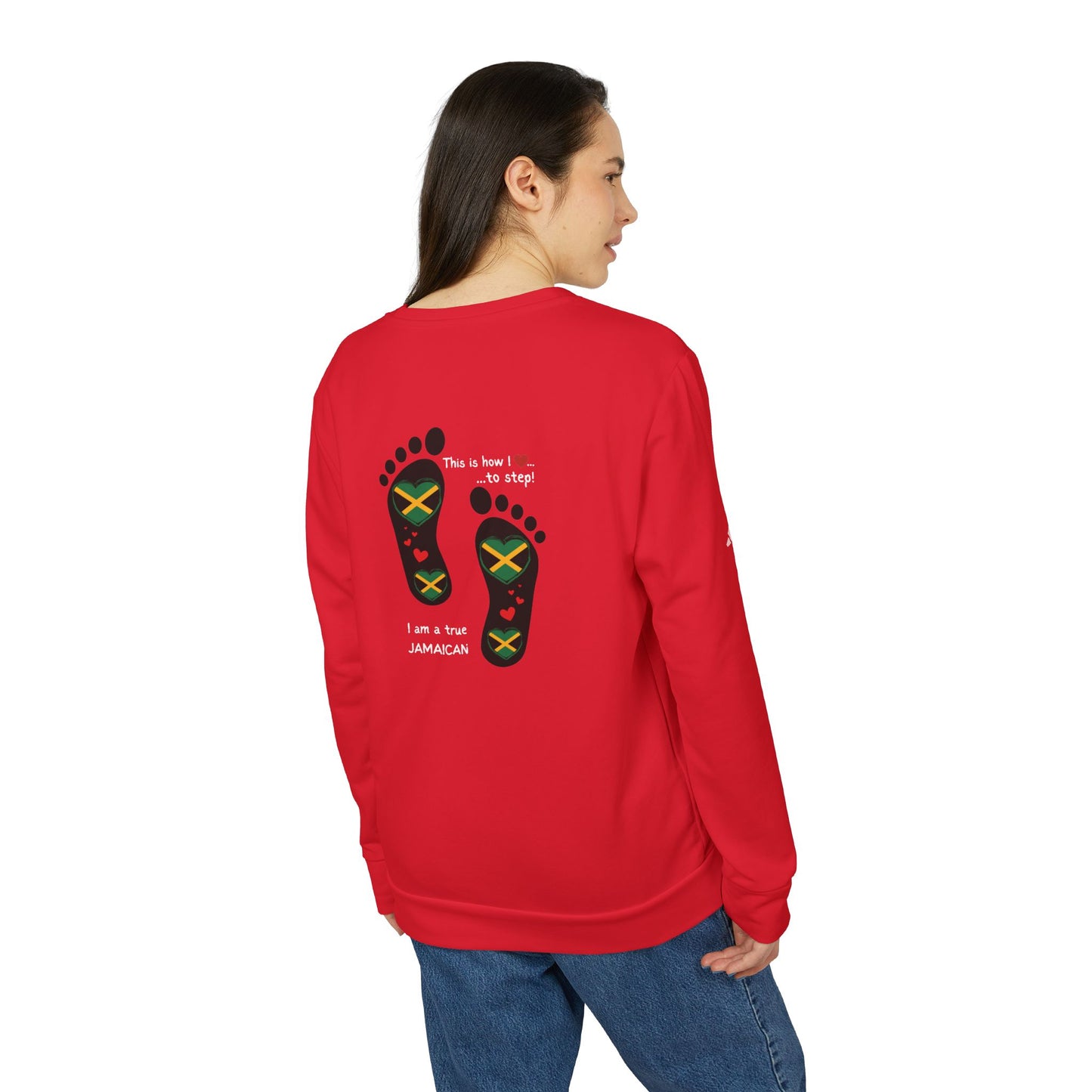 adidas® Unisex Fleece Crewneck Sweatshirt - LoveJustJules Heart-Shaped Flag of Jamaica in Footprints Top - A Fusion of Style, Patriotism, and adidas® Quality