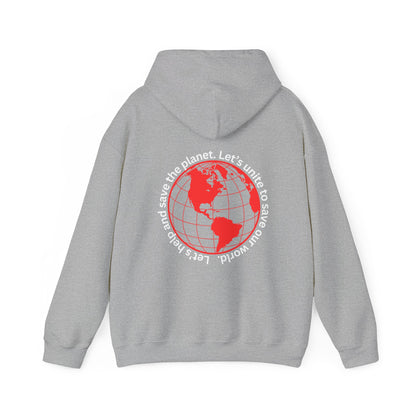 Red World Outline Hooded Top. Eco-friendly fashion with a message. Save the planet, unite the world.