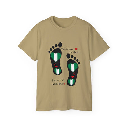 Unisex Ultra Cotton Tee - Nigerian Heart-Shaped Flag in Footprints