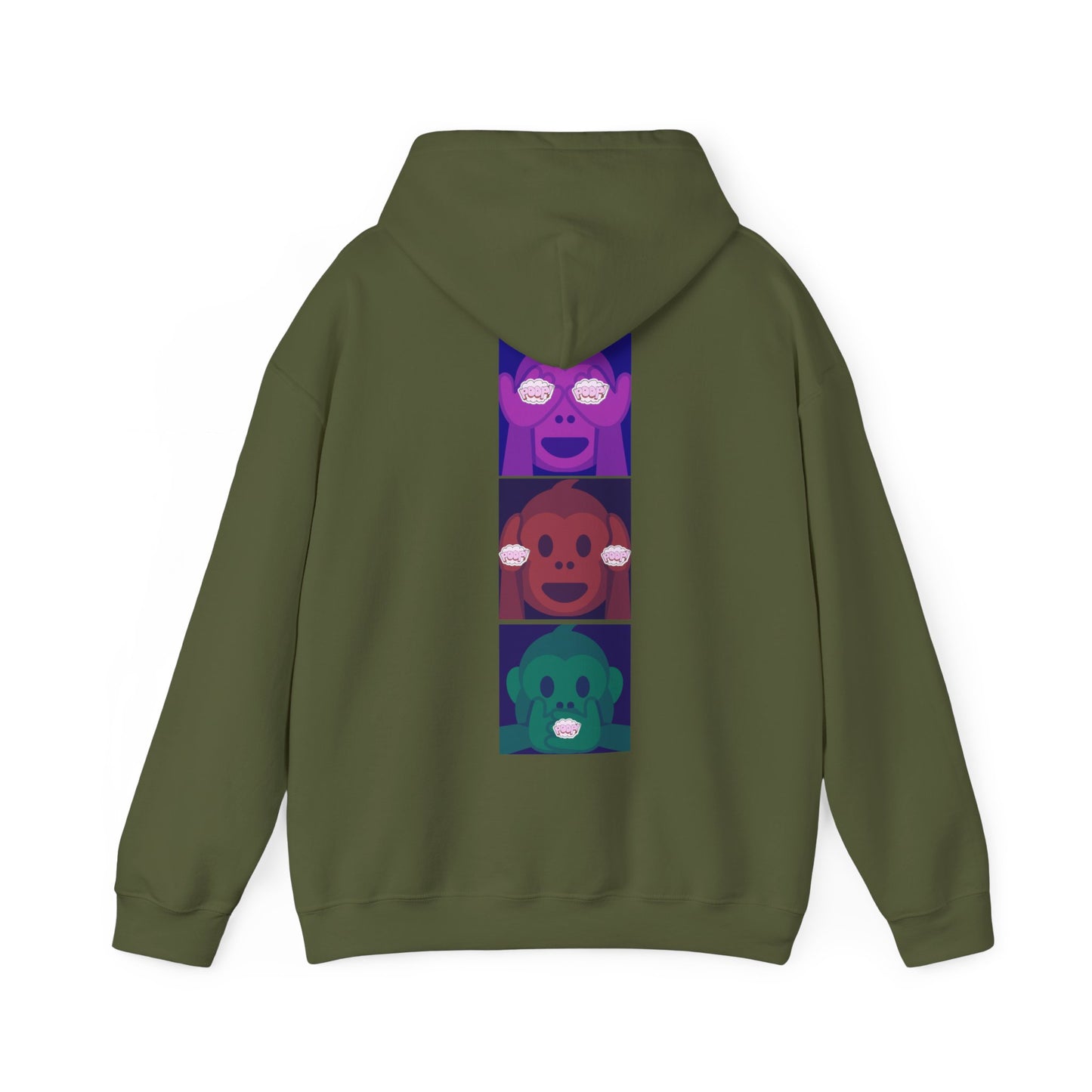 Introducing our iconic "See No Evil..Poop, Hear No Evil..Poop, Speak No Evil..Poop" monkeys hooded sweatshirt.