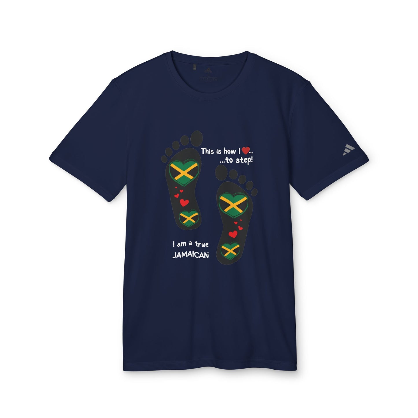 adidas® Unisex Sport T-shirt - LoveJustJules Heart-Shaped Flag of Jamaica in Footprints Top - A Fusion of Style, Patriotism, and adidas® Quality