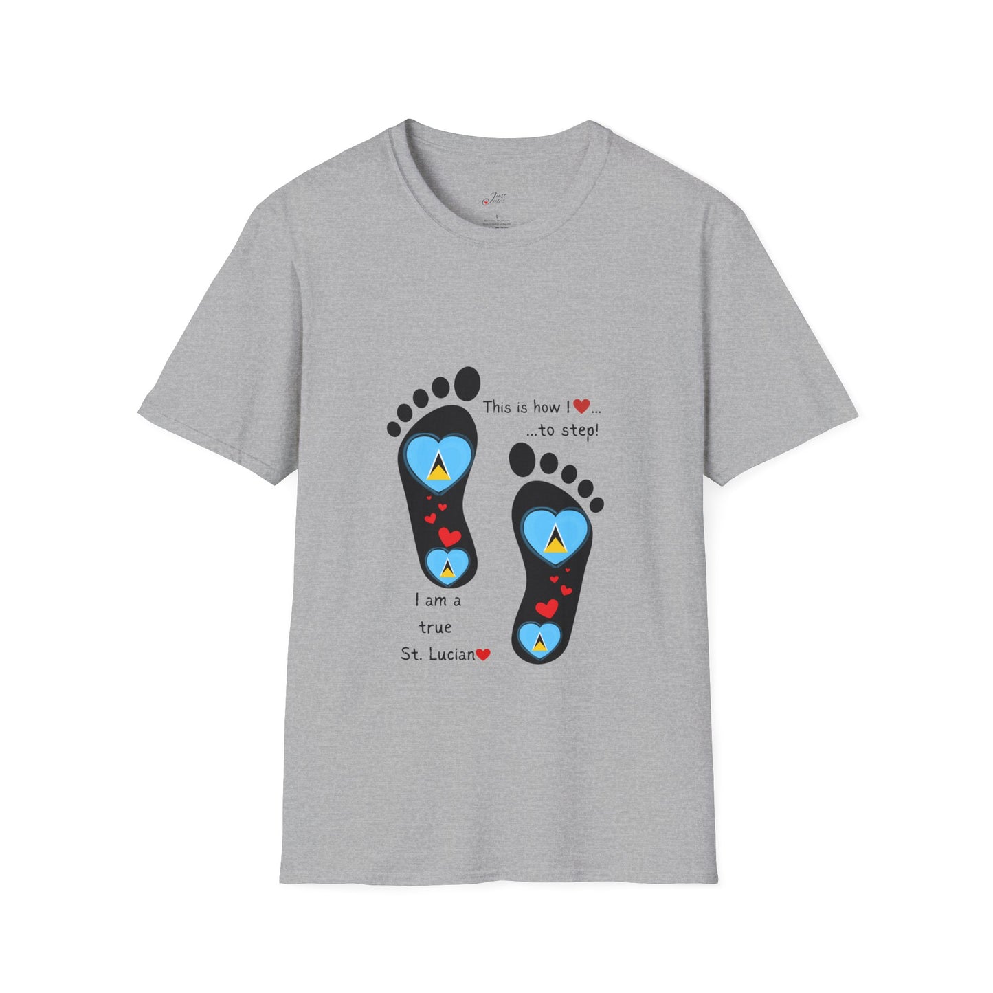 Step into Caribbean Elegance: Saint Lucia Heart-Shaped Flags in Footprints Unisex Softstyle Tee for Casual Comfort and Island Pride!