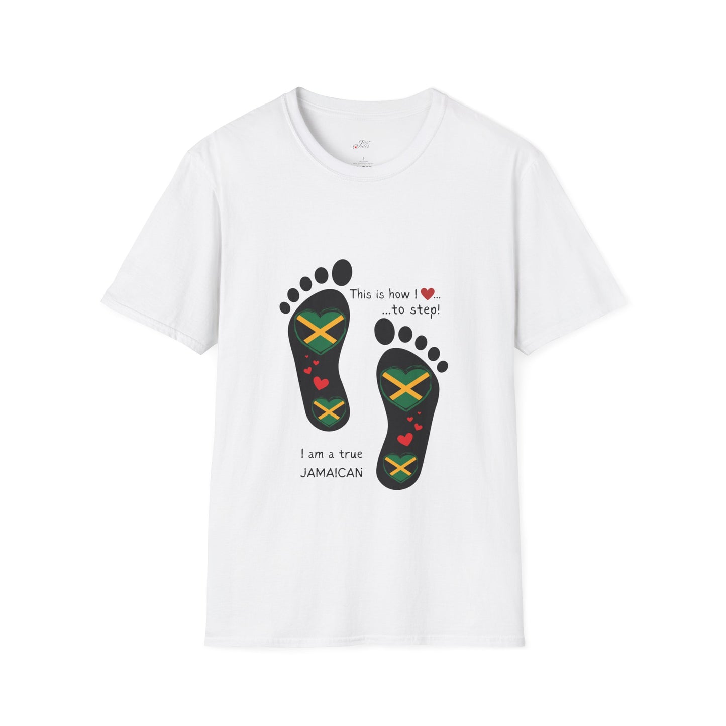 Heart-Shaped Jamaican Flag in Footsteps Unisex Softstyle Tee: Island Pride in Every Step! Jamaican Gift Idea. Love Jamaica. Heritage Pride.