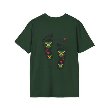 Heart-Shaped Jamaican Flag in Footsteps Unisex Softstyle Tee: Island Pride in Every Step! Jamaican Gift Idea. Love Jamaica. Heritage Pride.