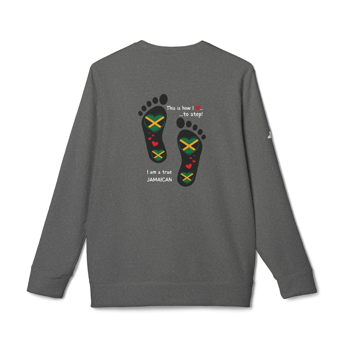 adidas® Unisex Fleece Crewneck Sweatshirt - LoveJustJules Heart-Shaped Flag of Jamaica in Footprints Top - A Fusion of Style, Patriotism, and adidas® Quality