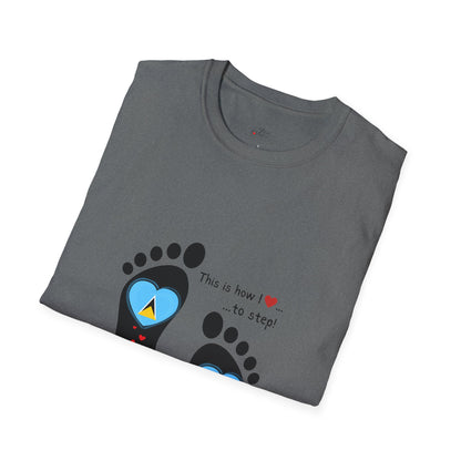 Step into Caribbean Elegance: Saint Lucia Heart-Shaped Flags in Footprints Unisex Softstyle Tee for Casual Comfort and Island Pride!