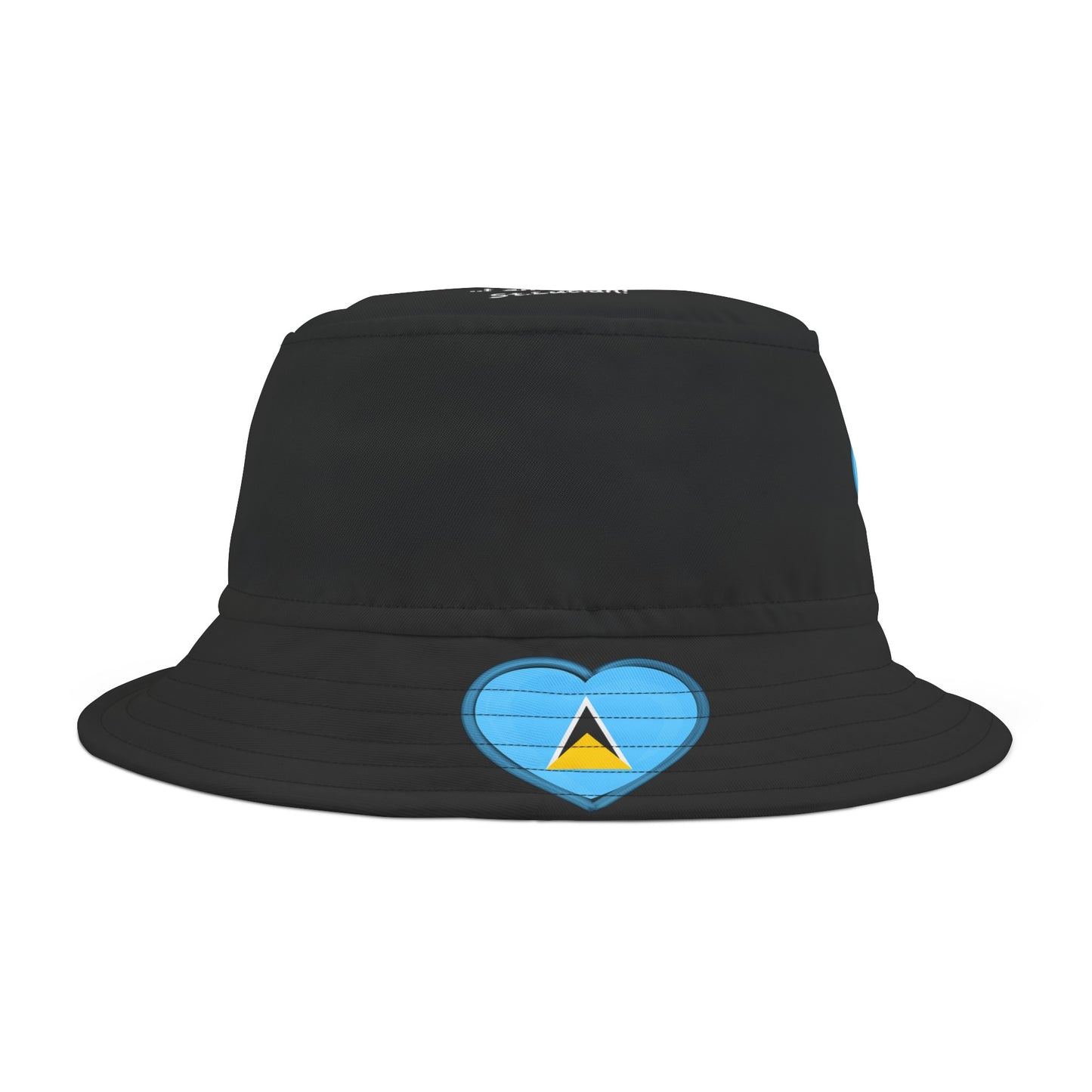 Black St. Lucian Heritage Heart-Shaped Flag Footprints Bucket Hat with 'All Up In My Head... I am a True St. Lucian' Text