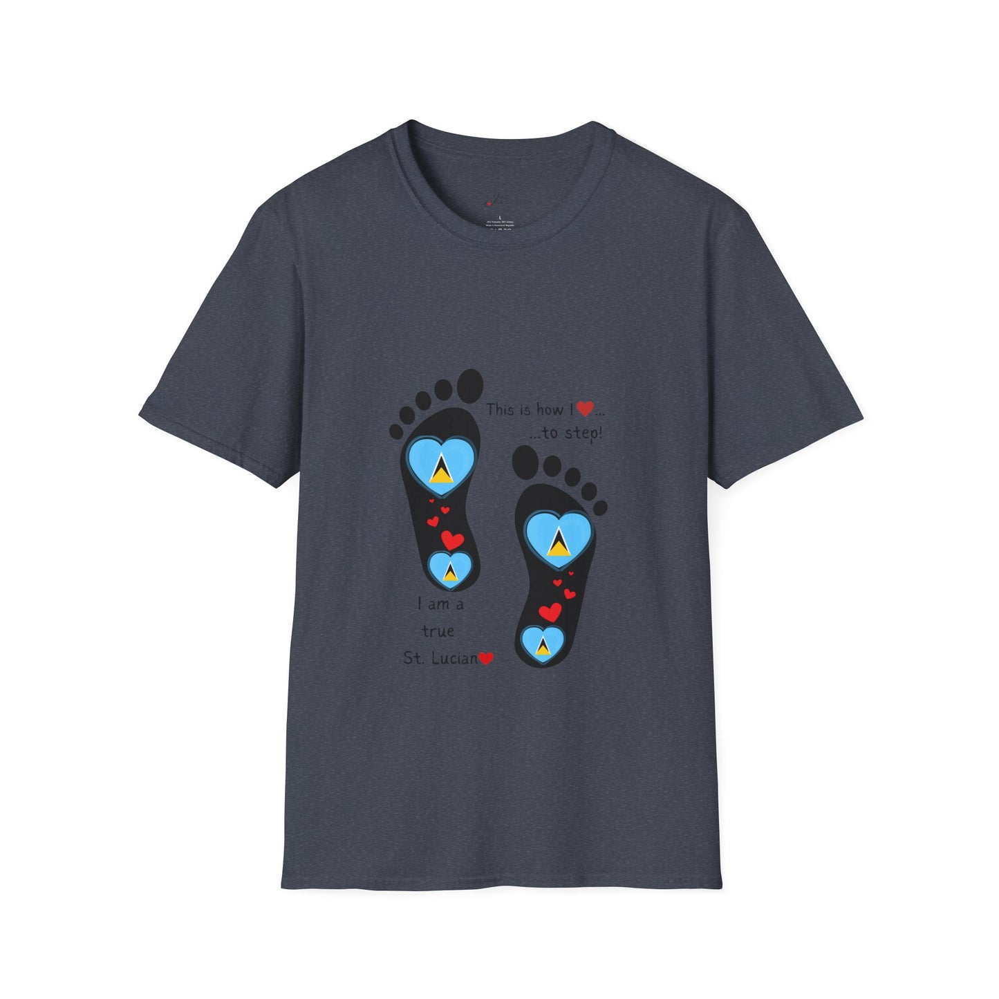 Step into Caribbean Elegance: Saint Lucia Heart-Shaped Flags in Footprints Unisex Softstyle Tee for Casual Comfort and Island Pride!