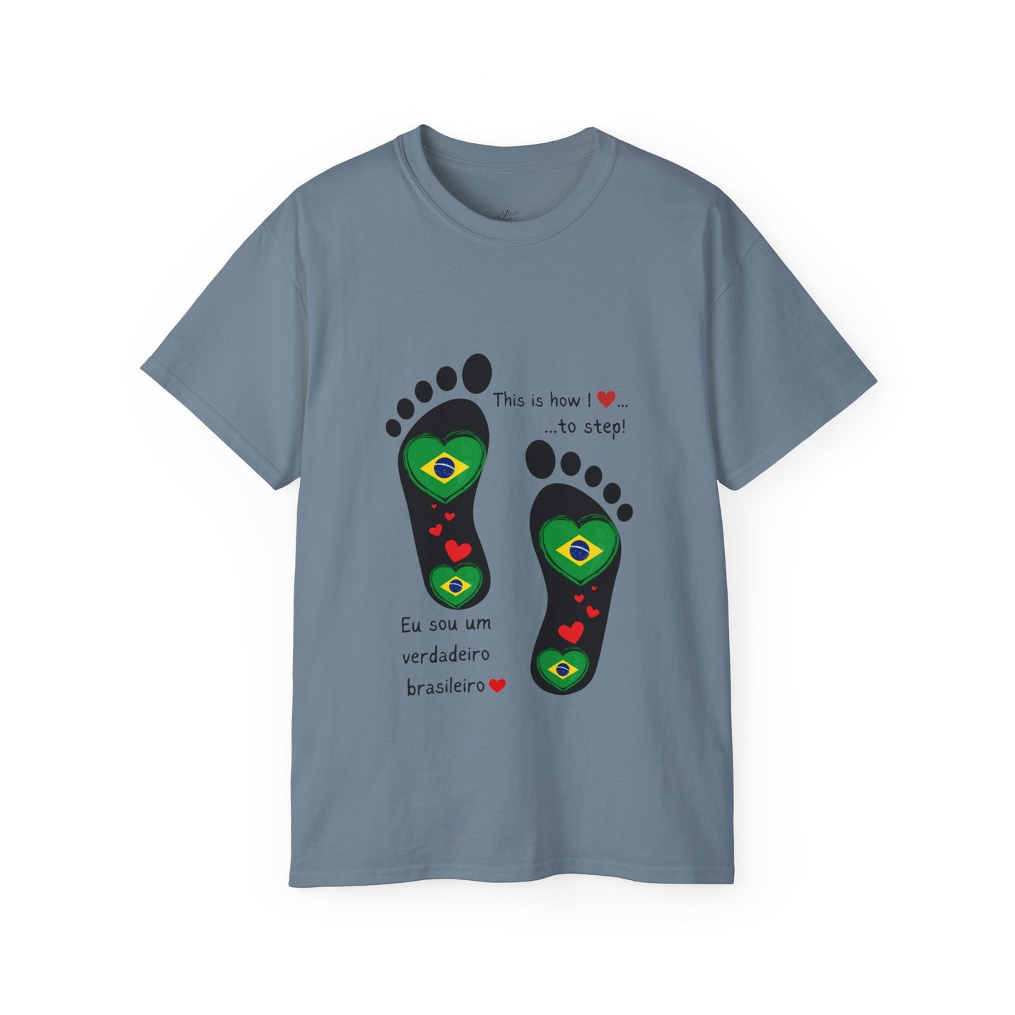 Front and Back Print Design - Brazil Heart-Shaped Flags in Footprints - Unisex Tee-Shirt Gift Idea