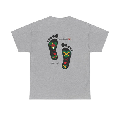 Jamaica & Dominica Flag in Footsteps Tee: Unique Unisex Soft style tee-Shirt for Dual Heritage Pride!  Island Flag Fusion Apparel