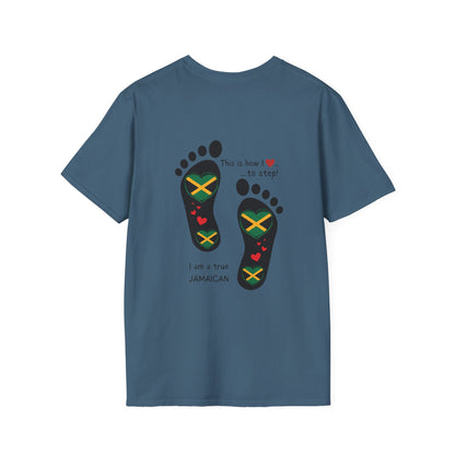 Heart-Shaped Jamaican Flag in Footsteps Unisex Softstyle Tee: Island Pride in Every Step! Jamaican Gift Idea. Love Jamaica. Heritage Pride.