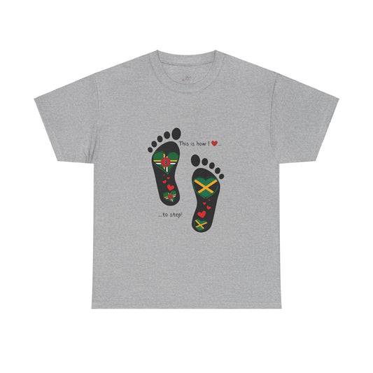 Jamaica & Dominica Flag in Footsteps Tee: Unique Unisex Soft style tee-Shirt for Dual Heritage Pride!  Island Flag Fusion Apparel