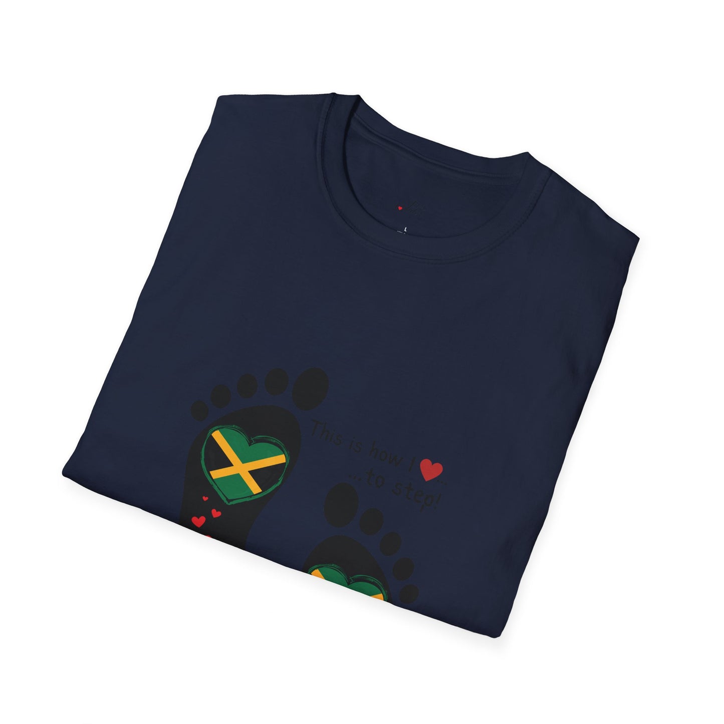 Heart-Shaped Jamaican Flag in Footsteps Unisex Softstyle Tee: Island Pride in Every Step! Jamaican Gift Idea. Love Jamaica. Heritage Pride.