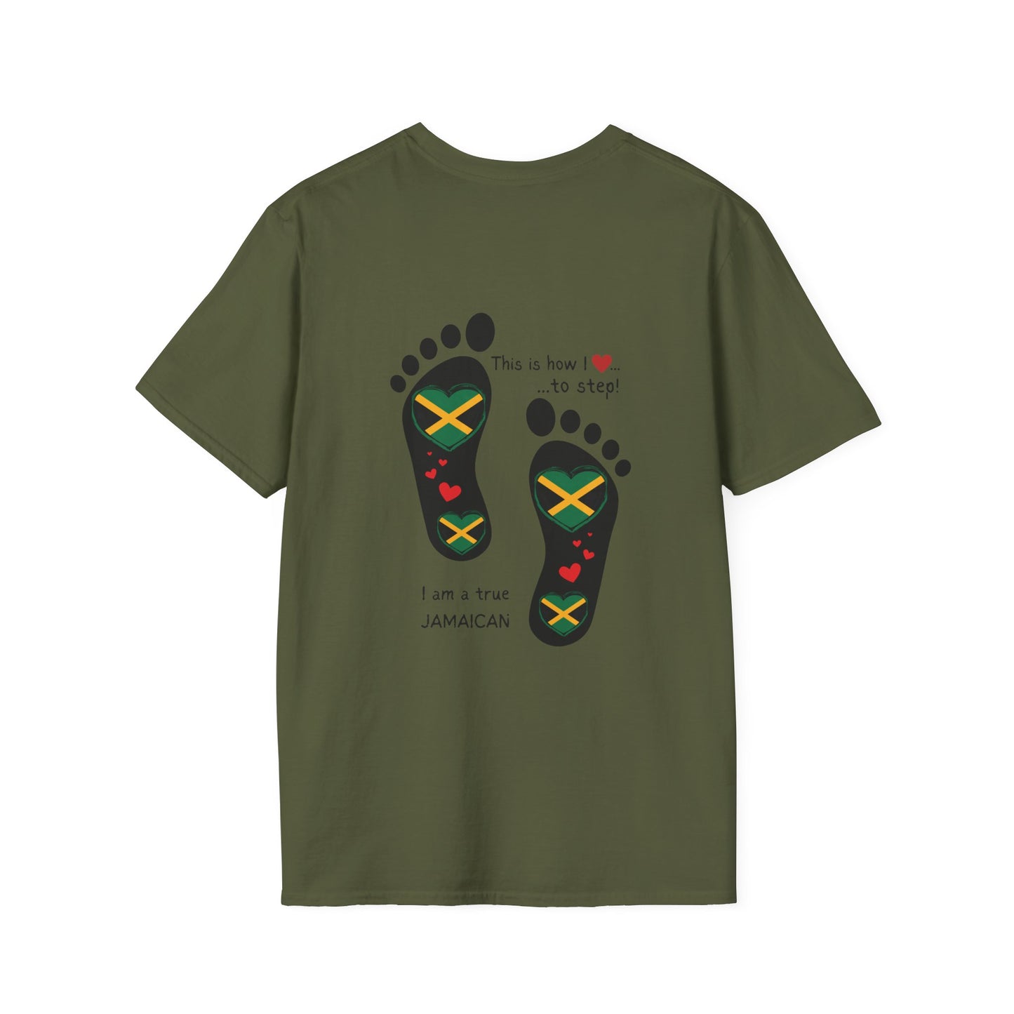 Heart-Shaped Jamaican Flag in Footsteps Unisex Softstyle Tee: Island Pride in Every Step! Jamaican Gift Idea. Love Jamaica. Heritage Pride.