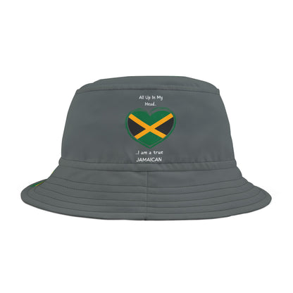 Dark Grey Coloured - Heart-Shaped Jamaican Flag Bucket Hat with 'All Up In My Head... I am a True Jamaican' Text