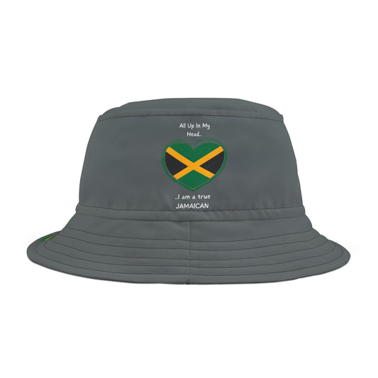Dark Grey Coloured - Heart-Shaped Jamaican Flag Bucket Hat with 'All Up In My Head... I am a True Jamaican' Text