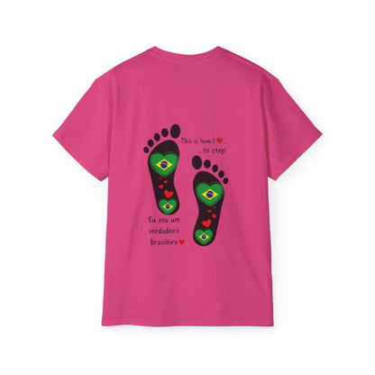 Front and Back Print Design - Brazil Heart-Shaped Flags in Footprints - Unisex Tee-Shirt Gift Idea