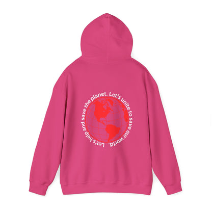 Red World Outline Hooded Top. Eco-friendly fashion with a message. Save the planet, unite the world.