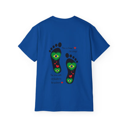 Front and Back Print Design - Brazil Heart-Shaped Flags in Footprints - Unisex Tee-Shirt Gift Idea