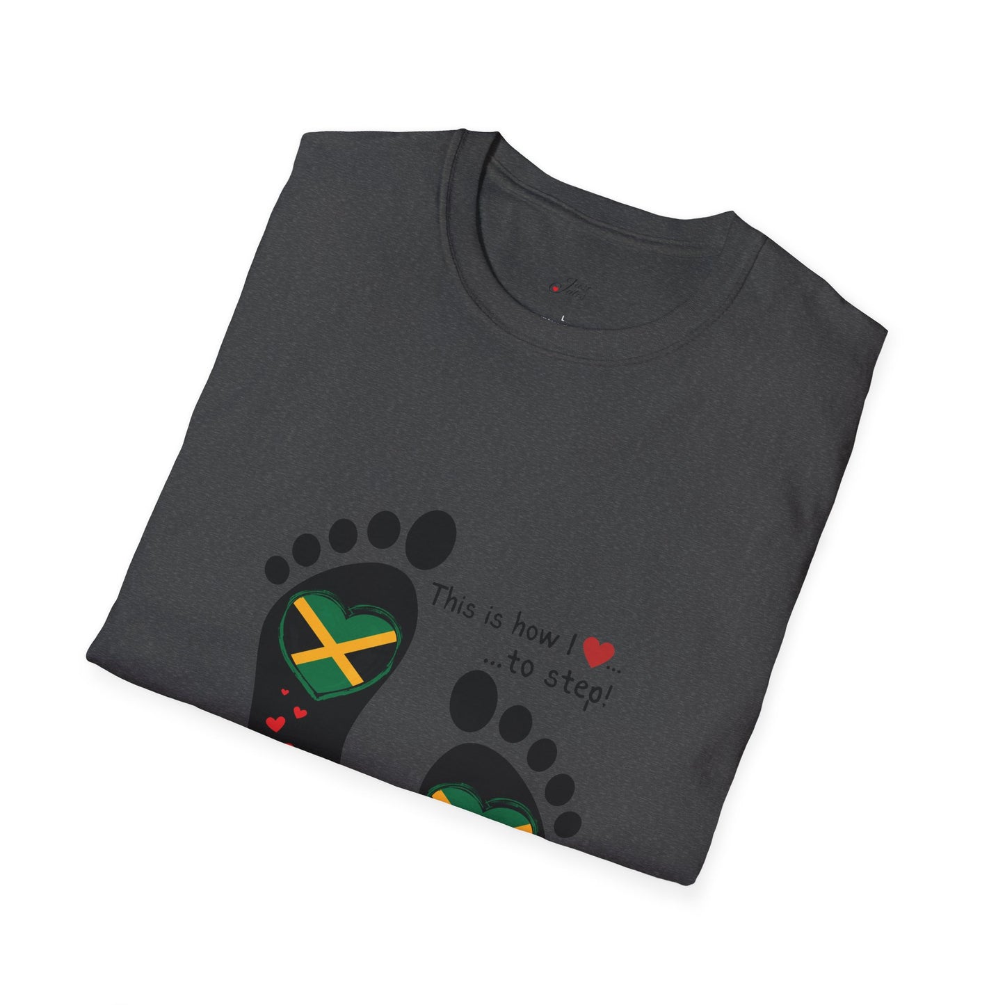 Heart-Shaped Jamaican Flag in Footsteps Unisex Softstyle Tee: Island Pride in Every Step! Jamaican Gift Idea. Love Jamaica. Heritage Pride.