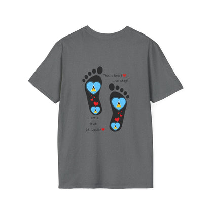 Step into Caribbean Elegance: Saint Lucia Heart-Shaped Flags in Footprints Unisex Softstyle Tee for Casual Comfort and Island Pride!