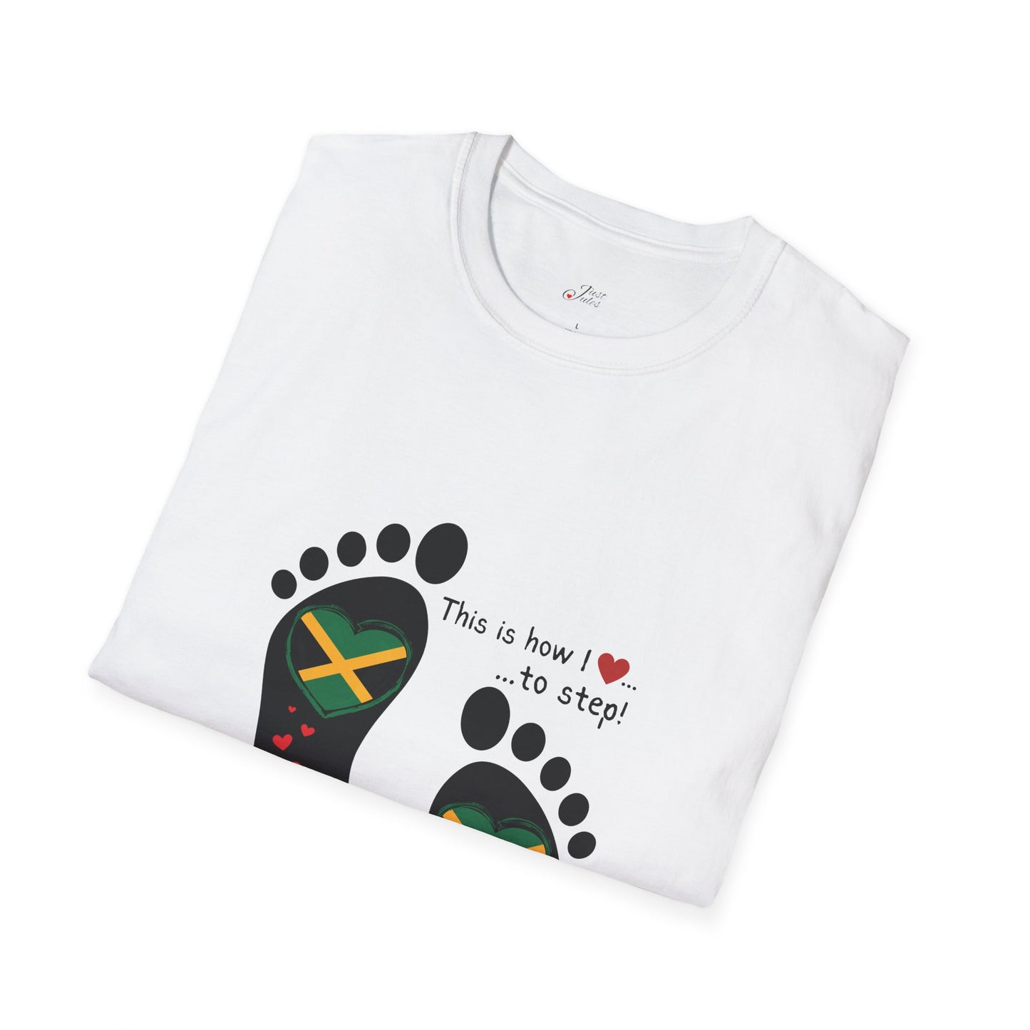 Heart-Shaped Jamaican Flag in Footsteps Unisex Softstyle Tee: Island Pride in Every Step! Jamaican Gift Idea. Love Jamaica. Heritage Pride.