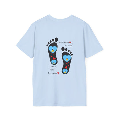 Step into Caribbean Elegance: Saint Lucia Heart-Shaped Flags in Footprints Unisex Softstyle Tee for Casual Comfort and Island Pride!