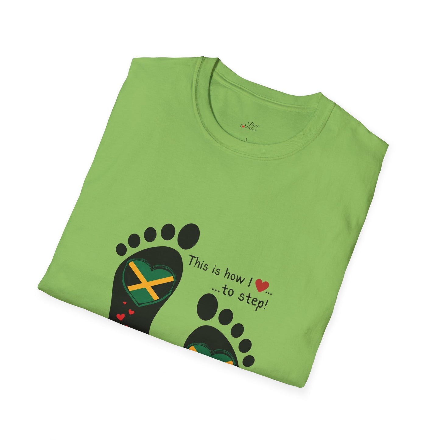 Heart-Shaped Jamaican Flag in Footsteps Unisex Softstyle Tee: Island Pride in Every Step! Jamaican Gift Idea. Love Jamaica. Heritage Pride.