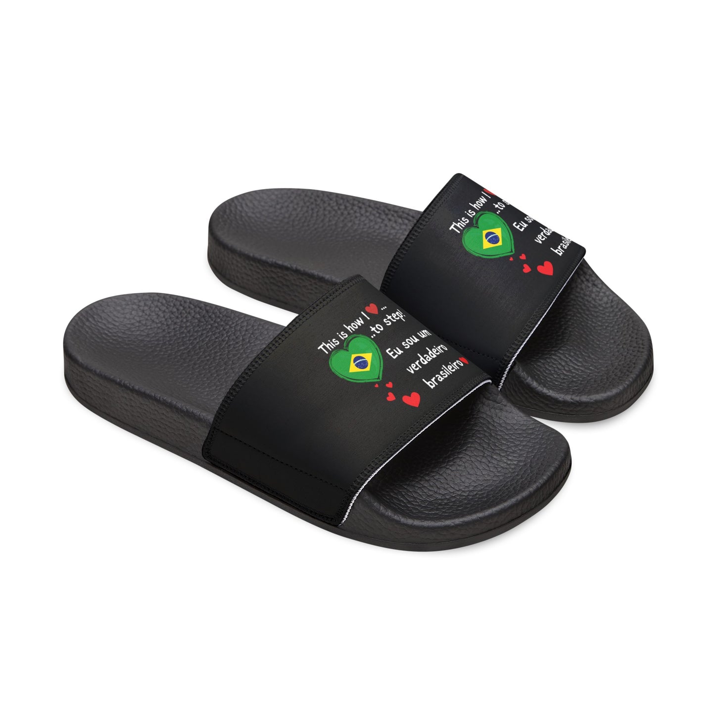 Women's PU Slide Sandals - Stride with pride in our Heart-shaped Brazilian flag slider footwear from LoveJustJules!