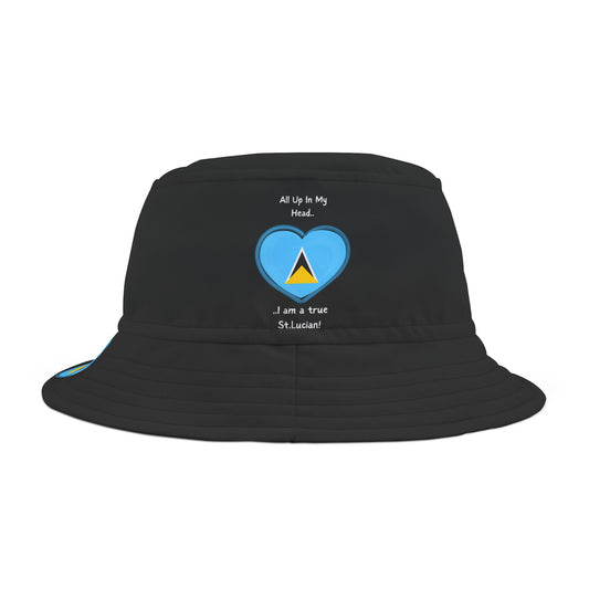 Black St. Lucian Heritage Heart-Shaped Flag Footprints Bucket Hat with 'All Up In My Head... I am a True St. Lucian' Text