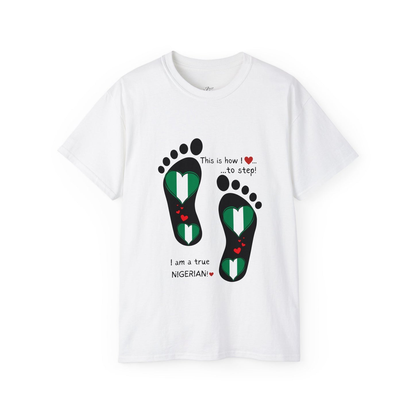 Unisex Ultra Cotton Tee - Nigerian Heart-Shaped Flag in Footprints