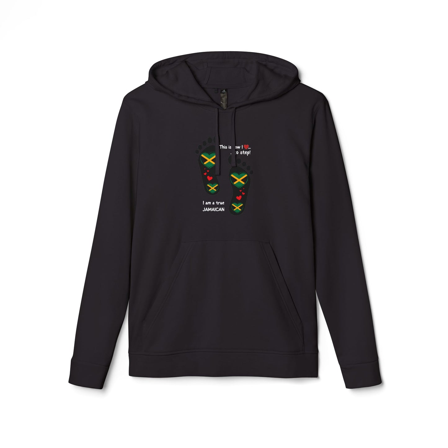 adidas® Unisex Fleece Hoodie - LoveJustJules Heart-Shaped Flag of Jamaica in Footprints Top - A Fusion of Style, Patriotism, and adidas® Quality -