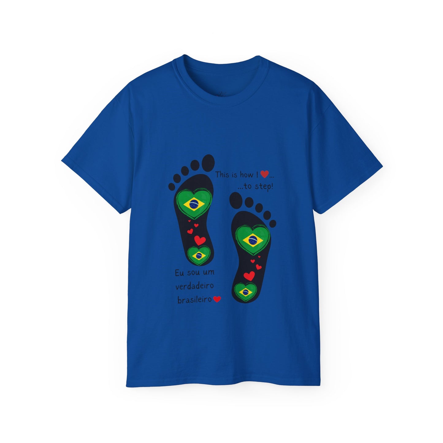 Front and Back Print Design - Brazil Heart-Shaped Flags in Footprints - Unisex Tee-Shirt Gift Idea