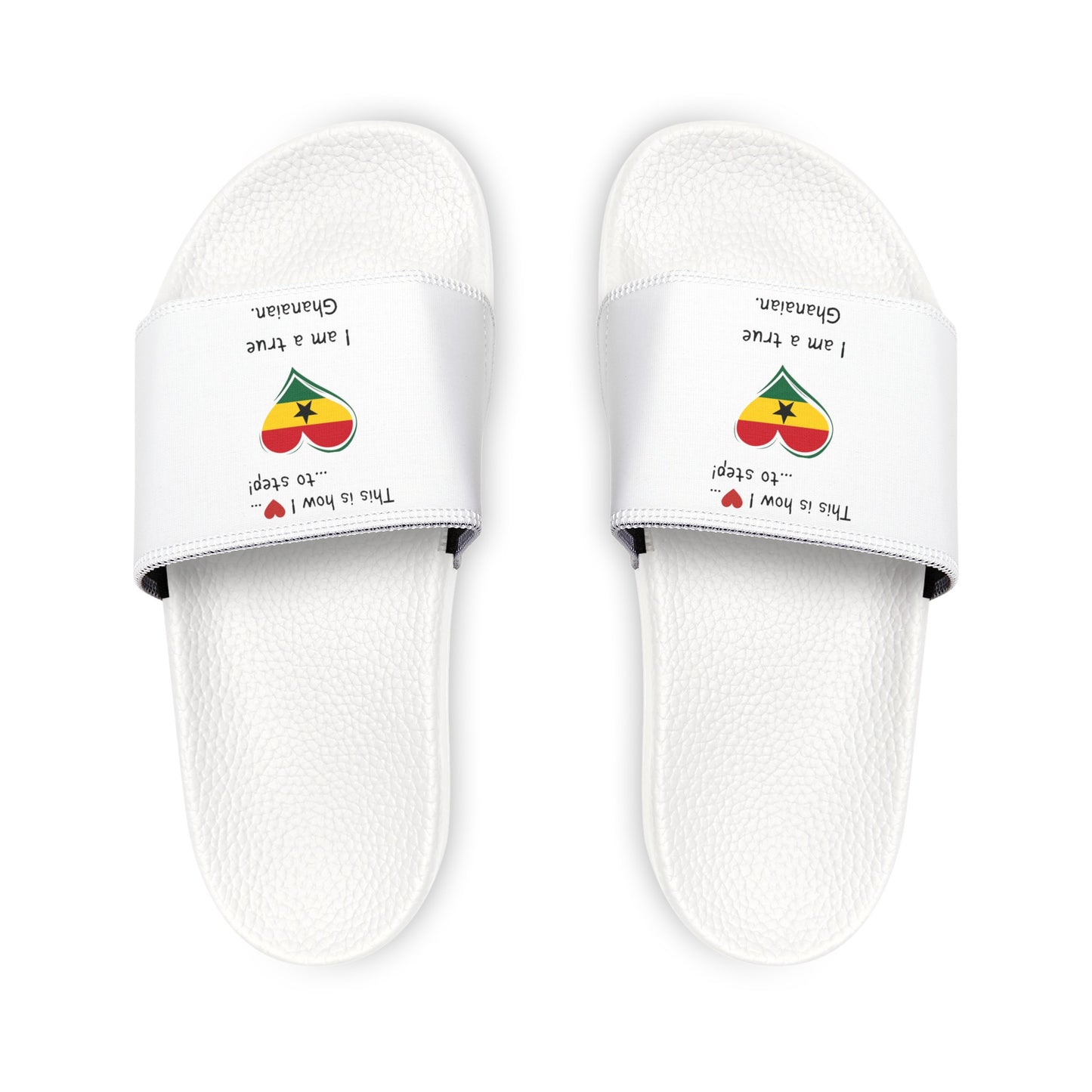 Men's PU Slide Sandals - Step into the vibrant culture of Ghana with our Heart-shaped Ghanaian flag slider footwear from LoveJustJules!