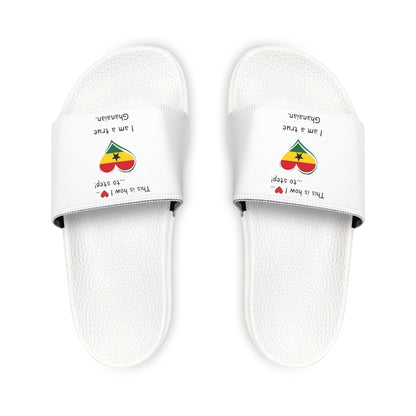 Men's PU Slide Sandals - Step into the vibrant culture of Ghana with our Heart-shaped Ghanaian flag slider footwear from LoveJustJules!