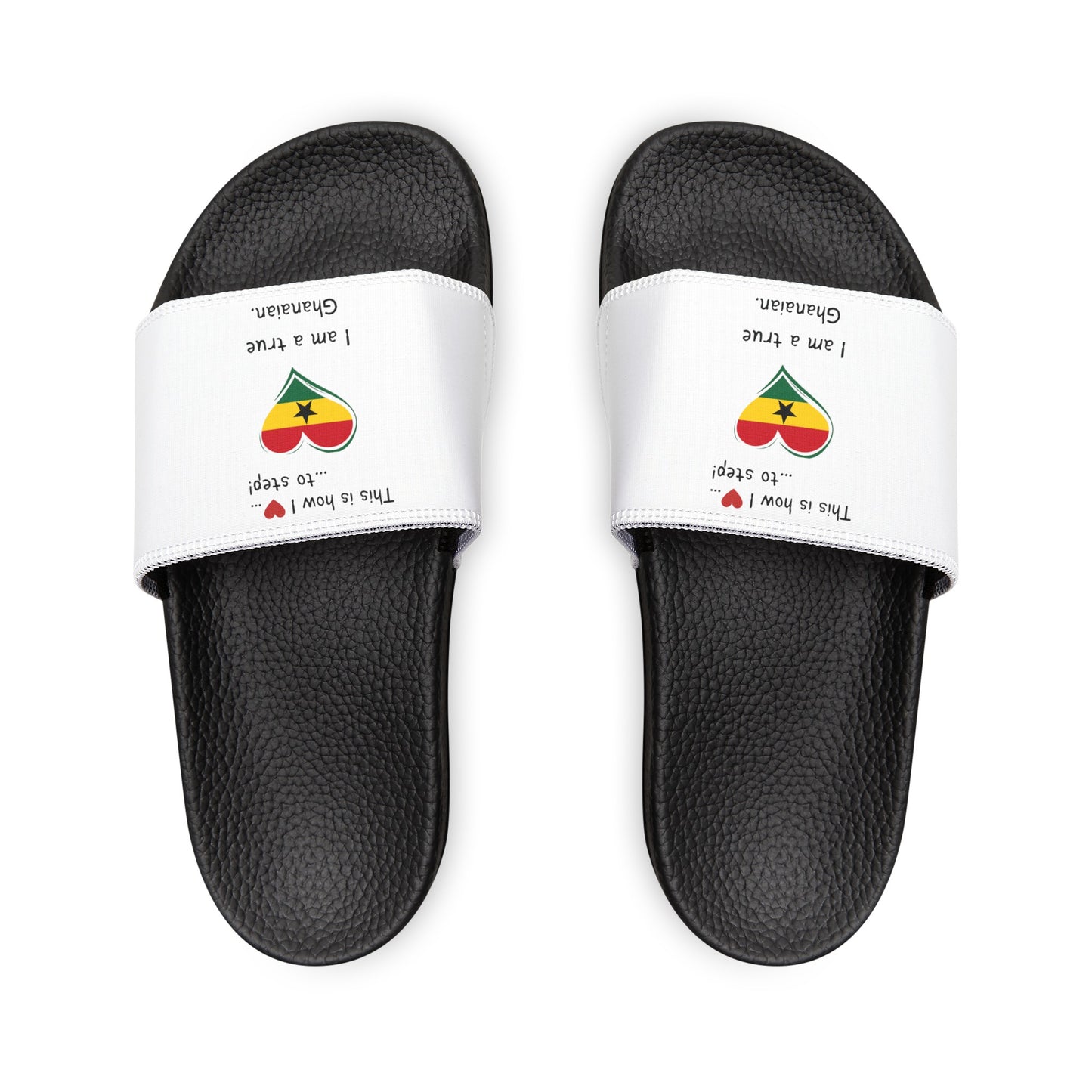 Women's PU Slide Sandals - Step into the vibrant culture of Ghana with our Heart-shaped Ghanaian flag slider footwear from LoveJustJules!