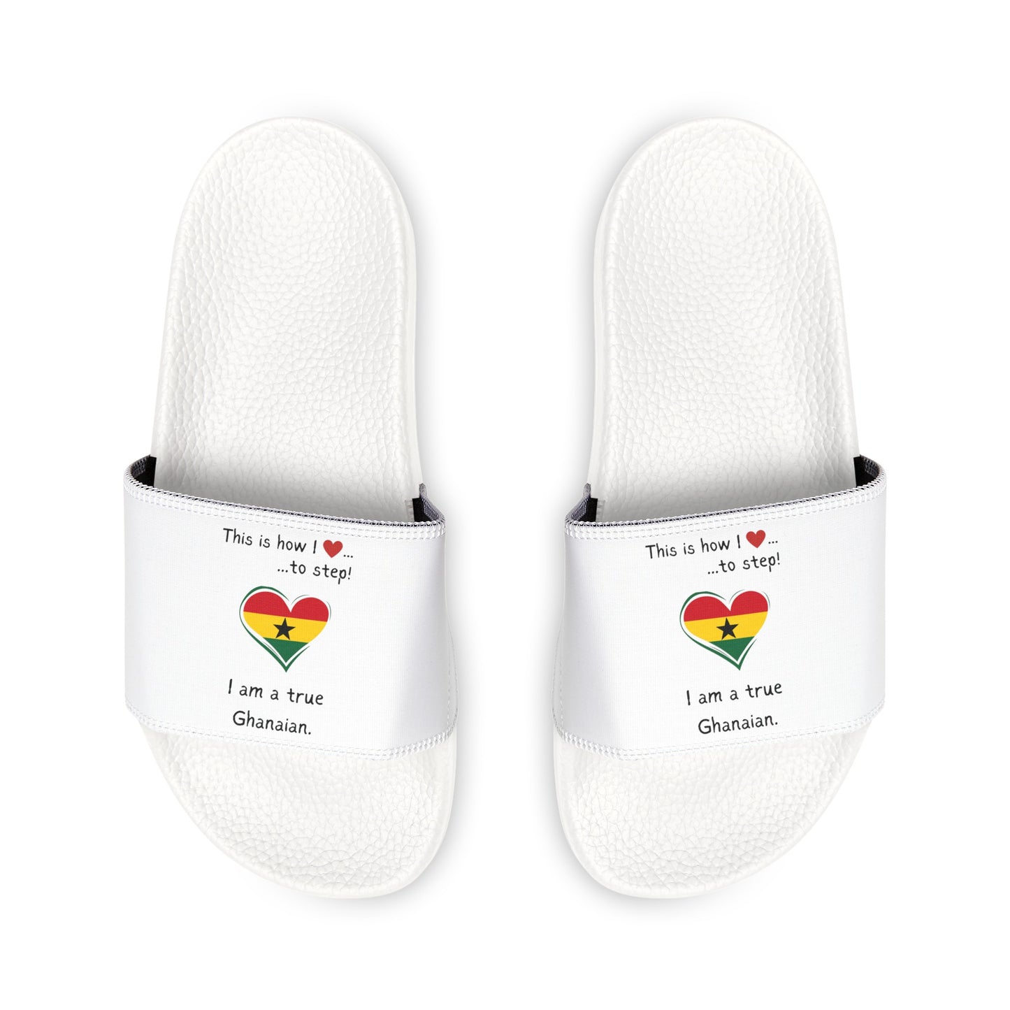 Men's PU Slide Sandals - Step into the vibrant culture of Ghana with our Heart-shaped Ghanaian flag slider footwear from LoveJustJules!