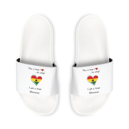 Men's PU Slide Sandals - Step into the vibrant culture of Ghana with our Heart-shaped Ghanaian flag slider footwear from LoveJustJules!