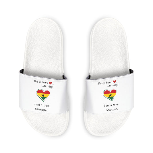 Men's PU Slide Sandals - Step into the vibrant culture of Ghana with our Heart-shaped Ghanaian flag slider footwear from LoveJustJules!