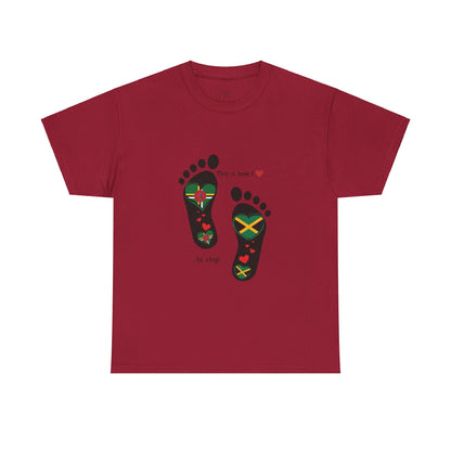 Jamaica & Dominica Flag in Footsteps Tee: Unique Unisex Soft style tee-Shirt for Dual Heritage Pride!  Island Flag Fusion Apparel