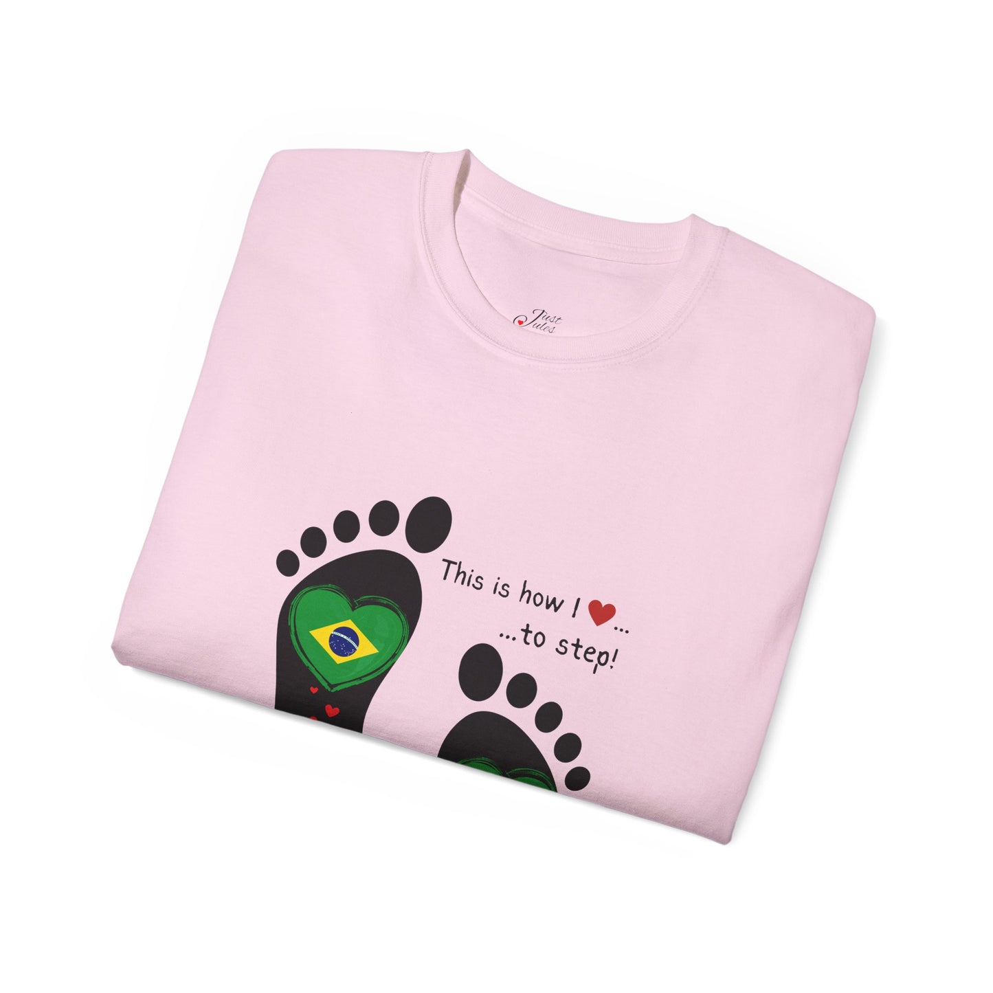 Front and Back Print Design - Brazil Heart-Shaped Flags in Footprints - Unisex Tee-Shirt Gift Idea