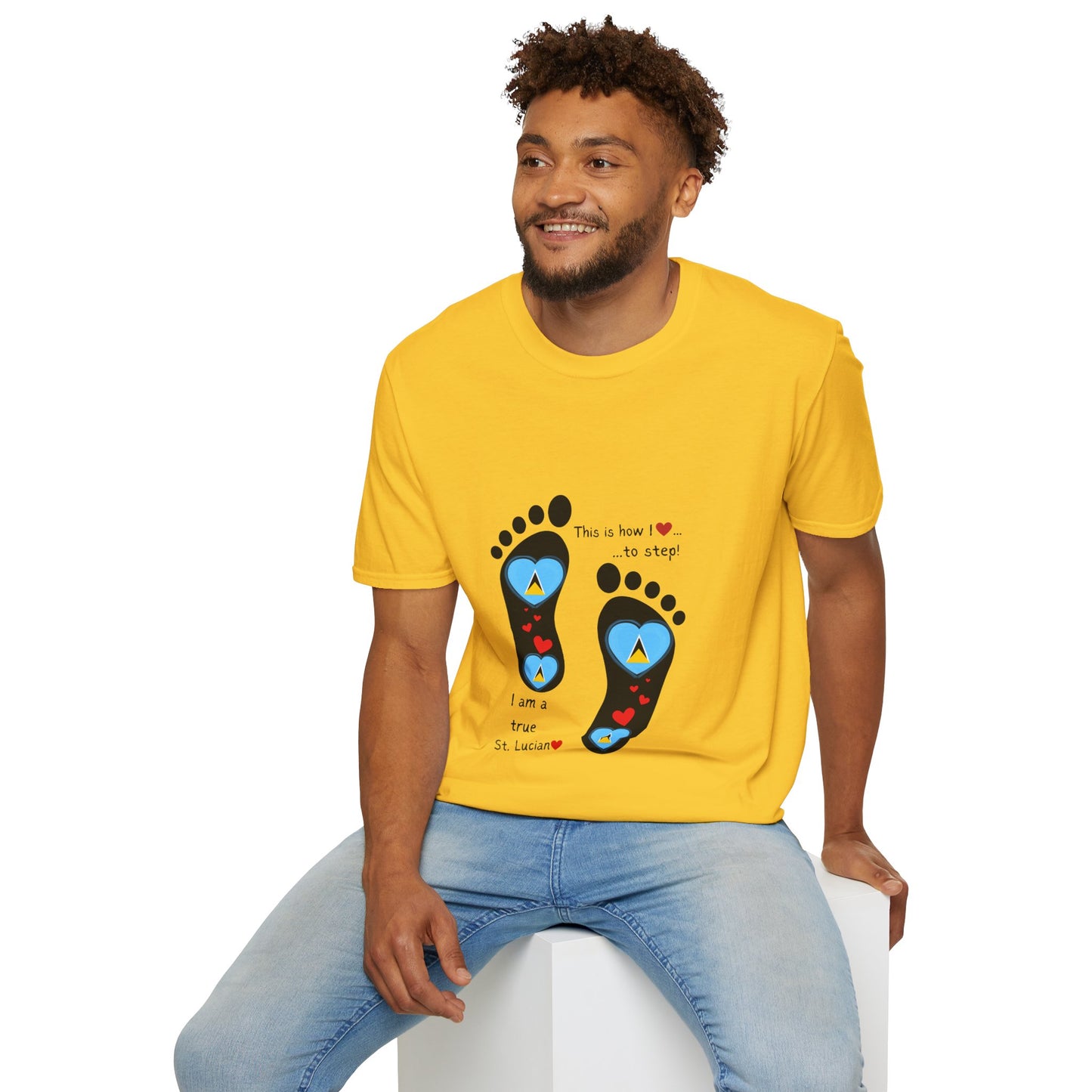 Step into Caribbean Elegance: Saint Lucia Heart-Shaped Flags in Footprints Unisex Softstyle Tee for Casual Comfort and Island Pride!